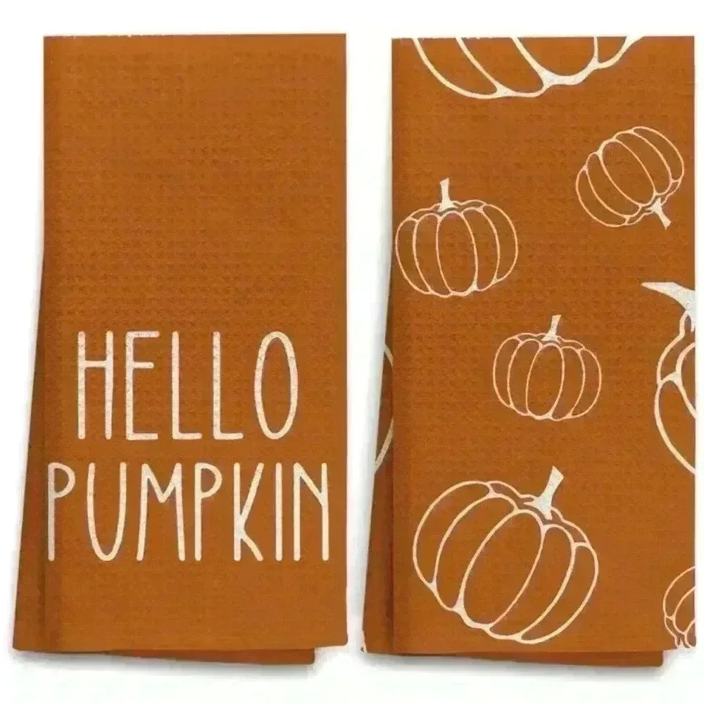 NEW! Hello Pumpkin Fall Kitchen Towels Set Bright Orange & White 16in x 24in